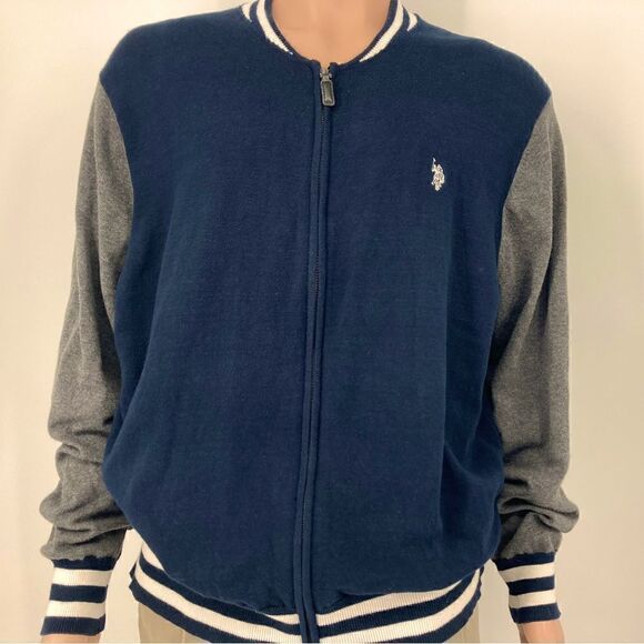 U.S. Polo ASSN Mens Knit Jacket Size XXL 100%Cotton Navy Blue/Grey Color - Picture 1 of 6